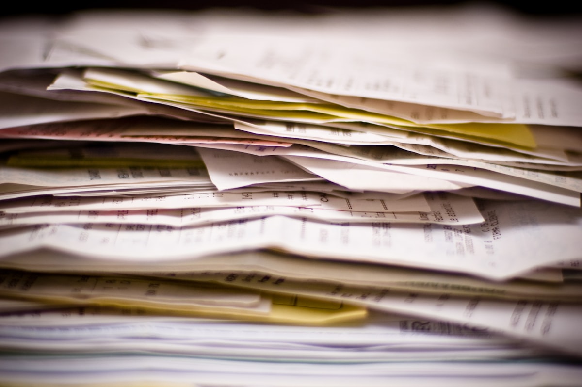 A close-up of a stack of papers